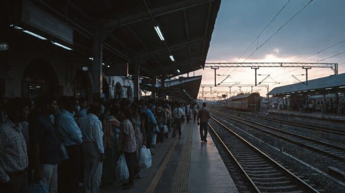 Crowded train platform at sunset.