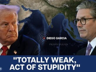 Two men, map of Diego Garcia background.