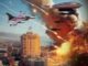 Fighter jets in a city under attack.