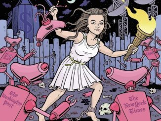 Woman with torch surrounded by pink robots.
