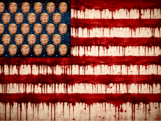 American flag with faces and dripping paint.
