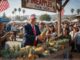 Man selling pineapples at outdoor market stand.