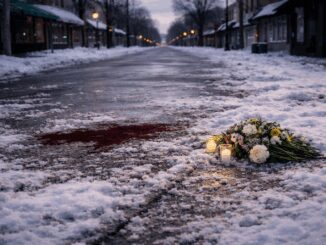 Flowers and candles on snowy street.