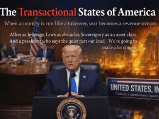 Political illustration with text and cityscape background.