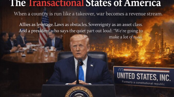 Political illustration with text and cityscape background.