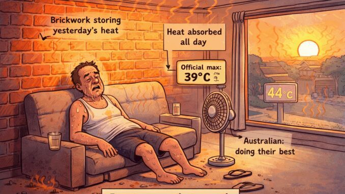 Man sweating indoors during heatwave.