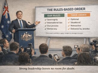 Politician speaking about rules-based order chart.
