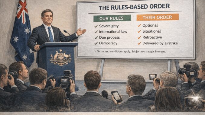 Politician speaking about rules-based order chart.