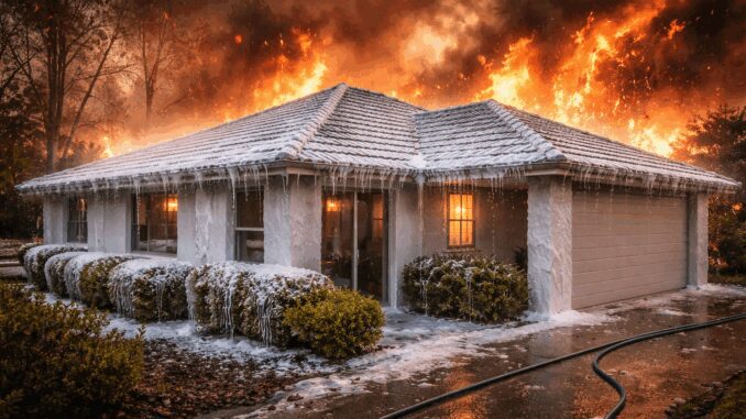 House protected from fire by foam. House protected from fire by foam.