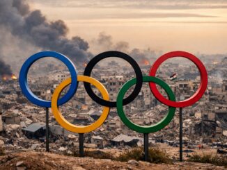 Olympic rings in front of war-torn city.