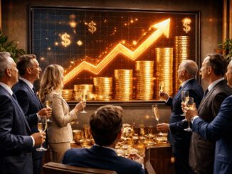 Businesspeople celebrating financial success with champagne.