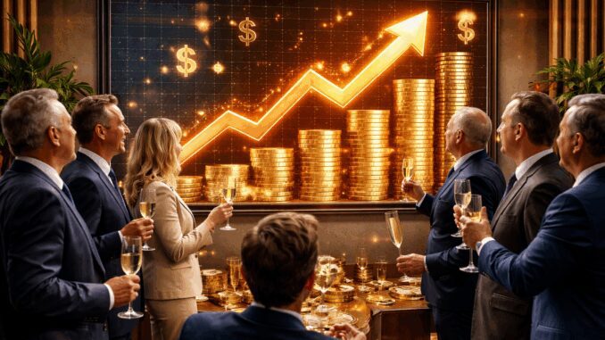 Businesspeople celebrating financial success with champagne. Businesspeople celebrating financial success with champagne.