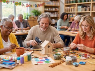 People crafting together at a workshop table.