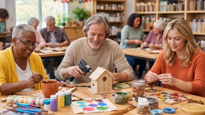 People crafting together at a workshop table. People crafting together at a workshop table.