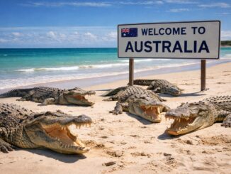 Crocodiles on beach near "Welcome to Australia" sign.