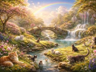 Cats by a stream with rainbow bridge.