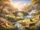Cats by a stream with rainbow bridge.