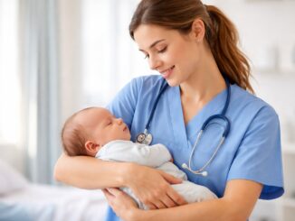 Nurse holding a sleeping baby lovingly.