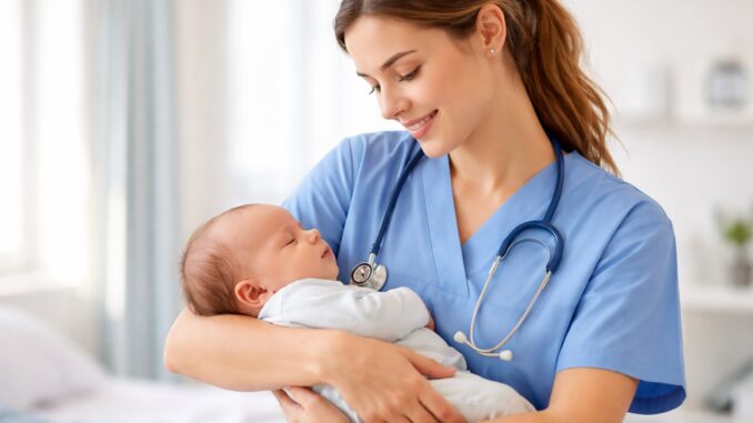 Nurse holding a sleeping baby lovingly.