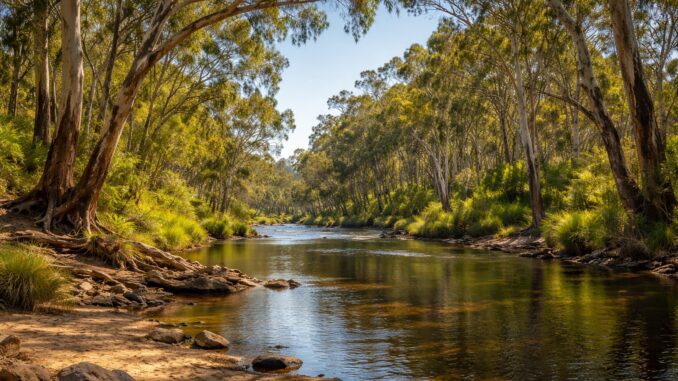 Forest river with trees and clear sky.