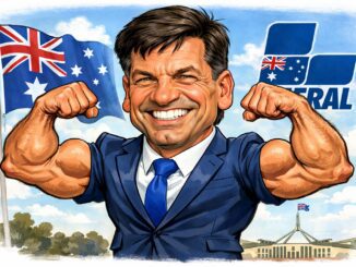 Smiling man flexing muscles, Australian flags behind.