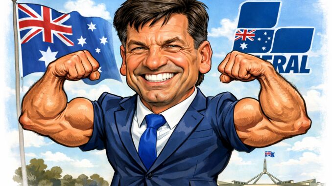 Smiling man flexing muscles, Australian flags behind.