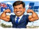 Smiling man flexing muscles, Australian flags behind.