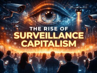 Surveillance capitalism concept with eye, cameras, crowd.
