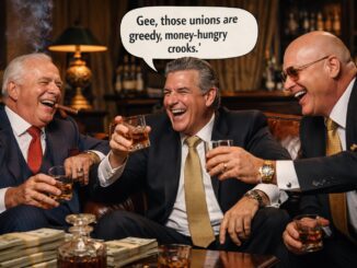 Three men laughing, holding drinks, cigar.
