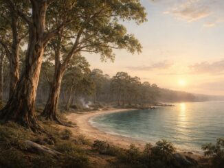 Sunset over serene forested beach landscape.