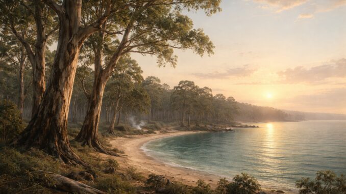 Sunset over serene forested beach landscape.