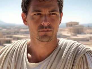 Man in ancient Roman attire outdoors.