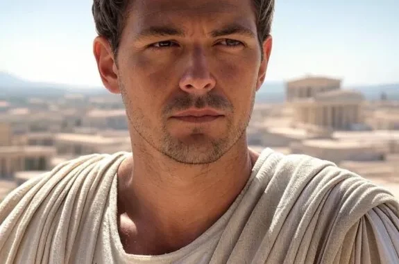 Man in ancient Roman attire outdoors. Man in ancient Roman attire outdoors.