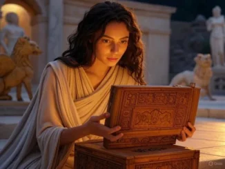 Woman opening intricately carved wooden box outdoors.
