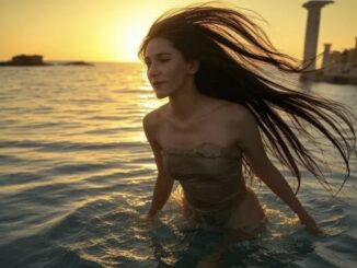 Woman in ocean at sunset.