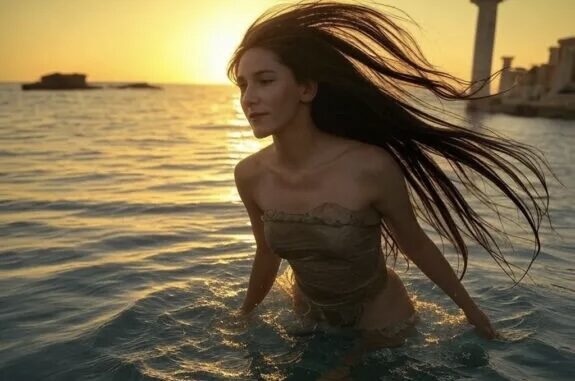 Woman in ocean at sunset.