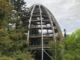 Wooden treetop walkway amidst lush green trees.