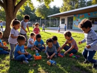 Children playing with toys on grass outside.