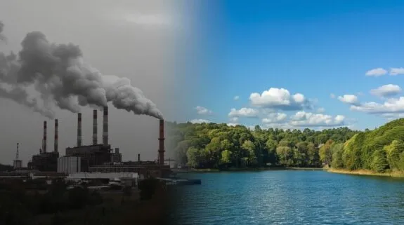 Factory pollution contrasted with nature scene.
