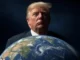 Man standing behind Earth, dark background.