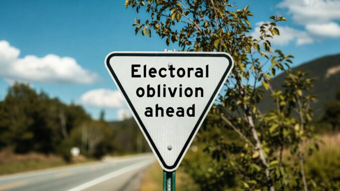 Sign reading "Electoral oblivion ahead" on roadside. Sign reading "Electoral oblivion ahead" on roadside.