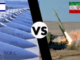Israel jets versus Iran missiles illustration.