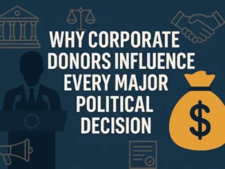 Corporate donors influence political decisions, illustrated concepts.