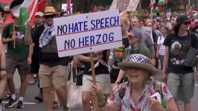 Protesters marching with signs and flags.