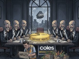 Cartoon of executives hoarding profits, worker struggling.