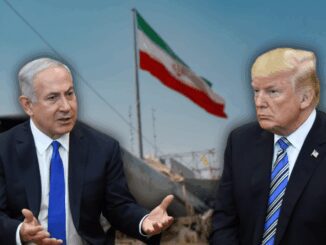 Two men discussing in front of flag.