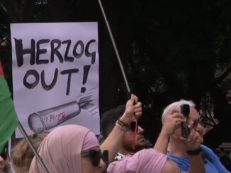 Protesters holding signs and phones at rally.