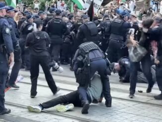 Police arresting protester during crowded demonstration.