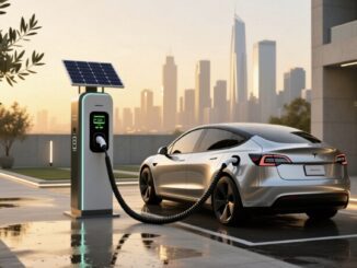 Electric car charging at solar-powered station.