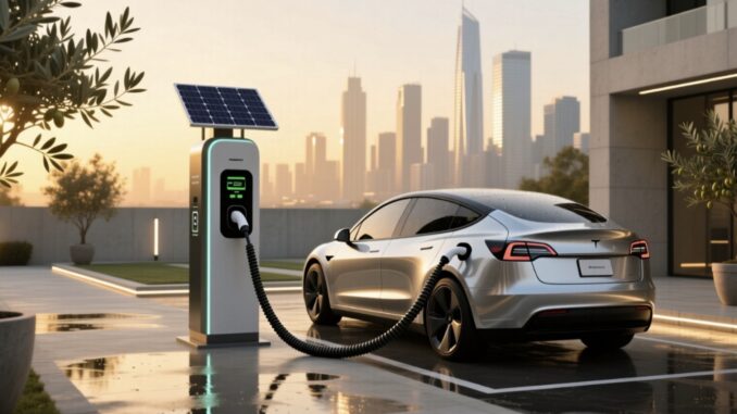 Electric car charging at solar-powered station. Electric car charging at solar-powered station.